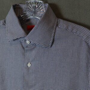 Isaia Napoli Shirt Mens 16-41 Navy Blue Micro Houndstooth Quiet Luxury Italy